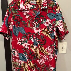 Red and Green Casual Button Down Shirt with Tropical Print